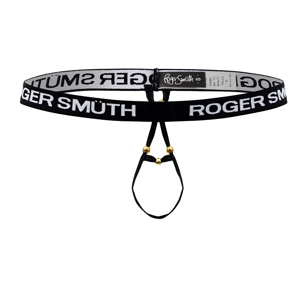 Black roger smith branded men’s thong with white lettering and gold-tone hardware for ball lifting use
