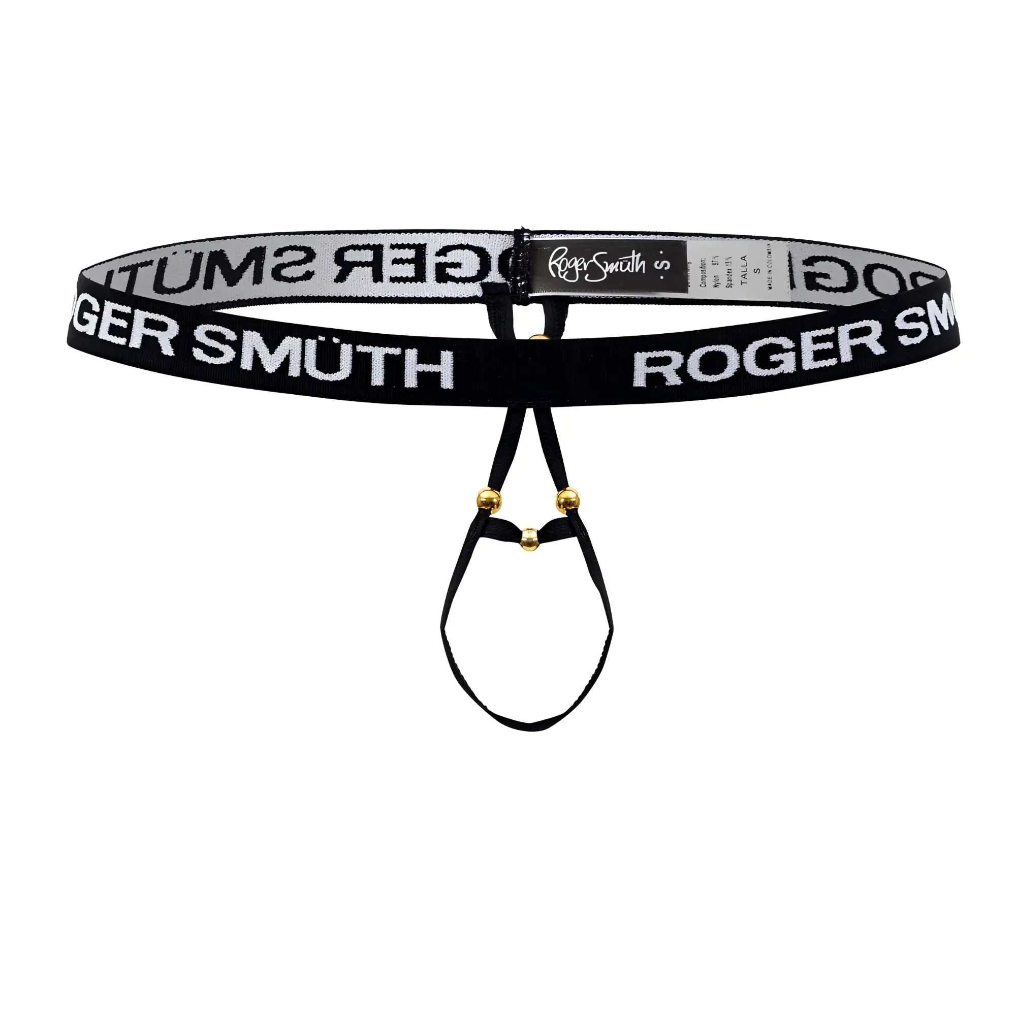 Black roger smith branded men’s thong with white lettering and gold-tone hardware for ball lifting use