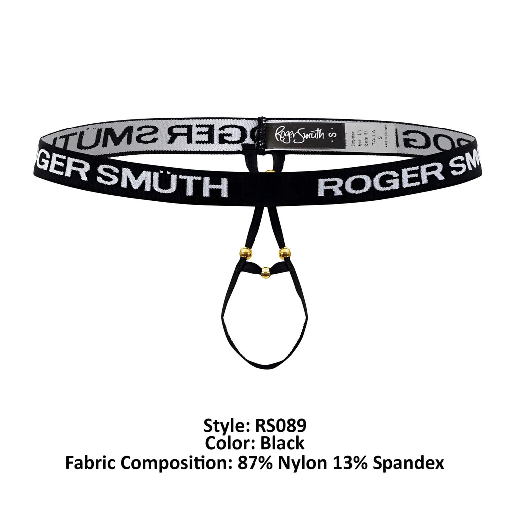 Black roger smuth rs089 ball lifter men’s thong belt with white lettering nylon spandex band and gold hardware
