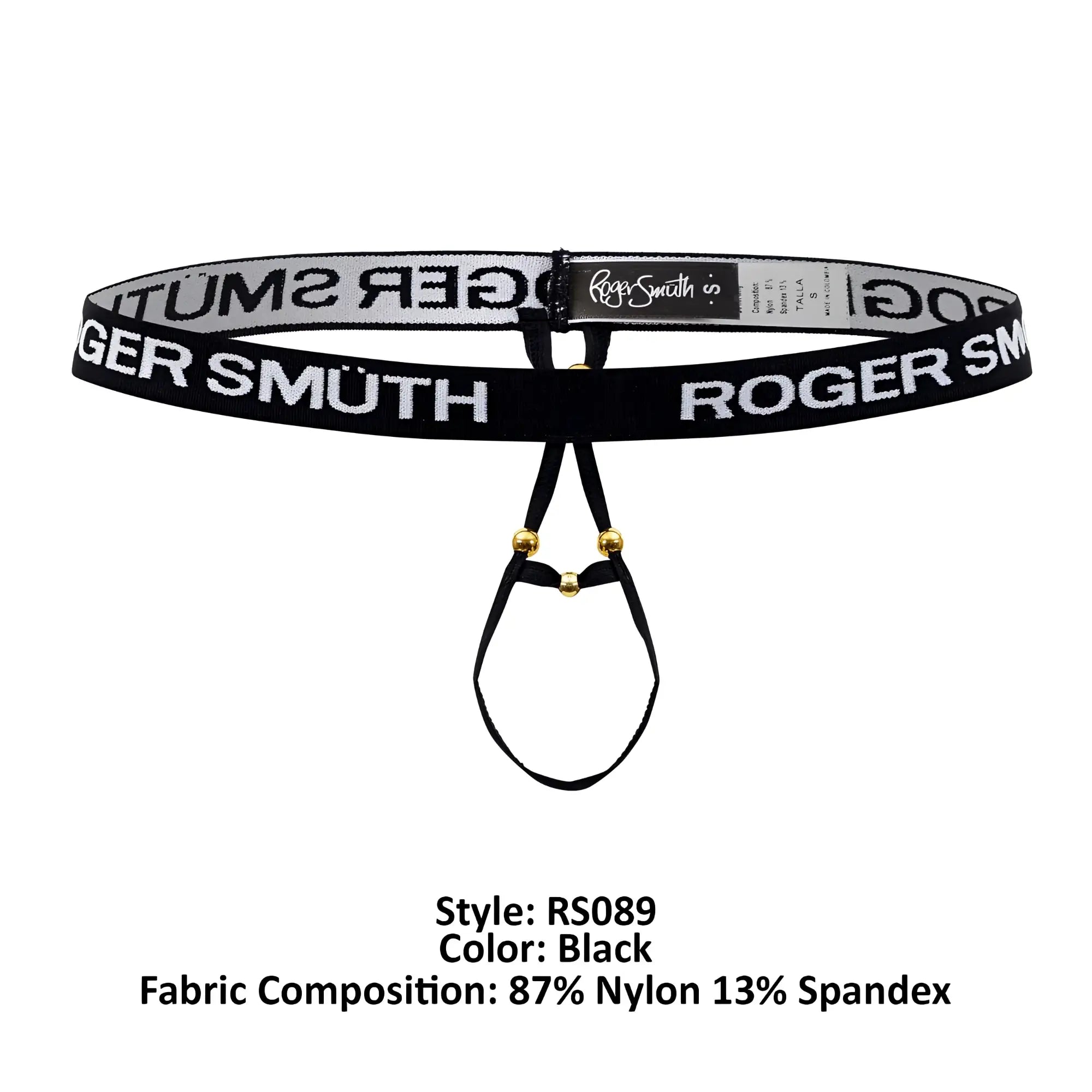 Black roger smuth rs089 ball lifter men’s thong belt with white lettering nylon spandex band and gold hardware