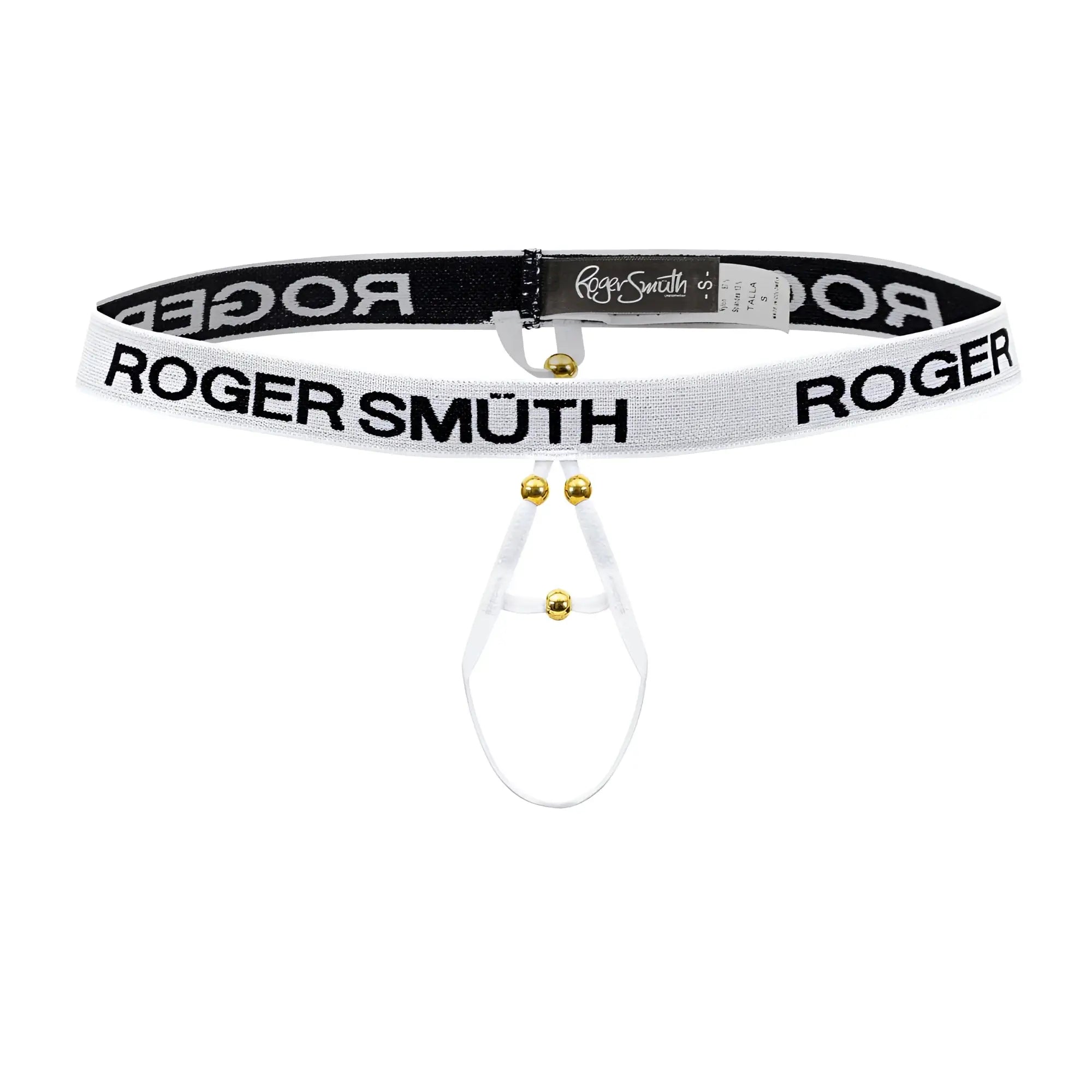 White and black roger smuth branded men’s thong with gold-tone hardware in rs089 ball lifter style in white