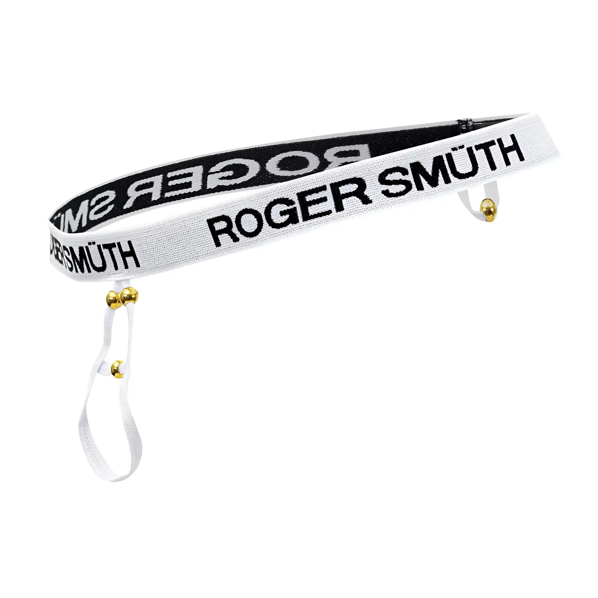 White roger smuth rs089 ball lifter with elastic waistband black lettering and gold-tone hardware