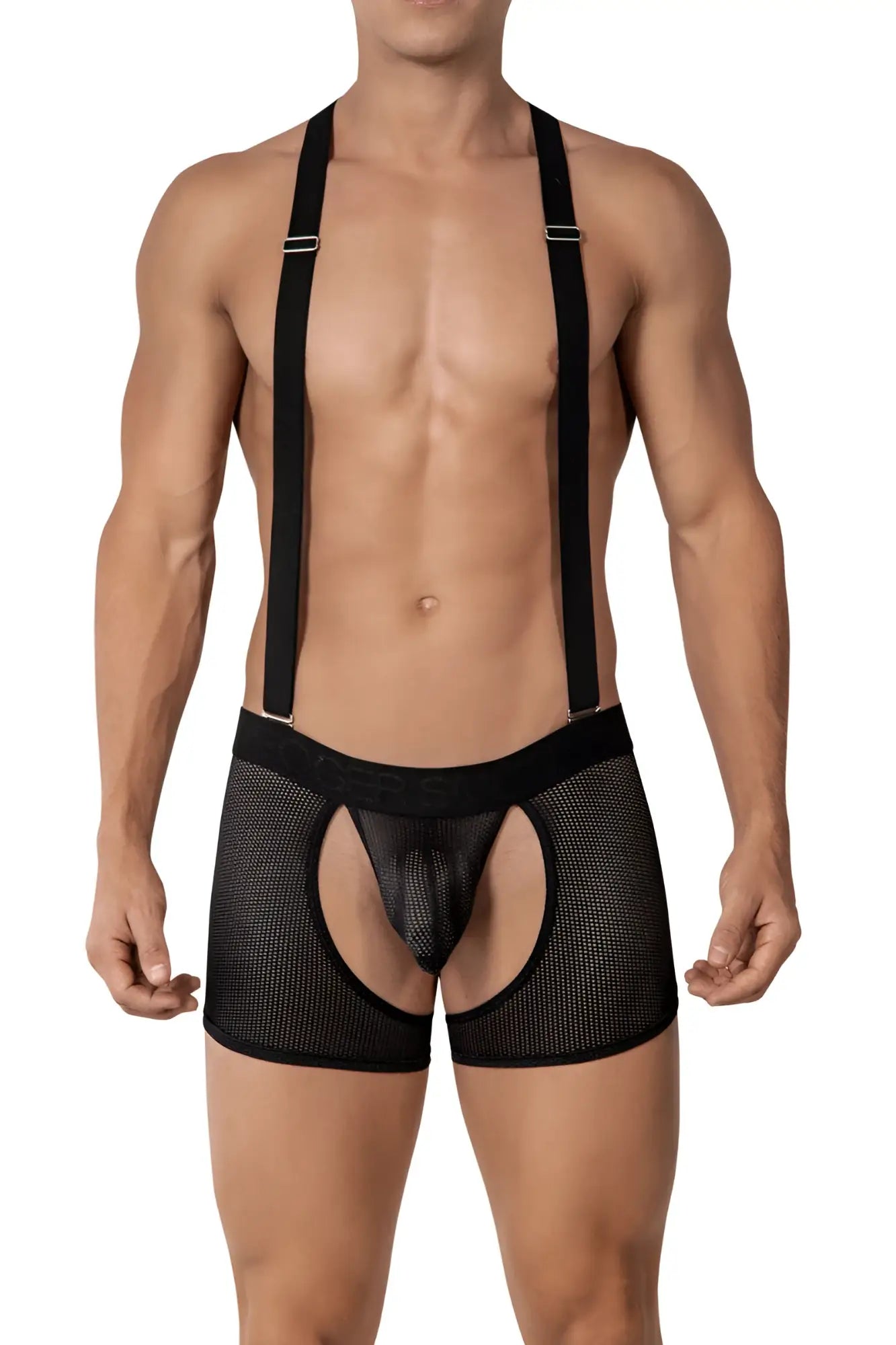 Black mesh briefs with suspenders featuring sheer breathable fabric and adjustable straps by Roger Smuth size M