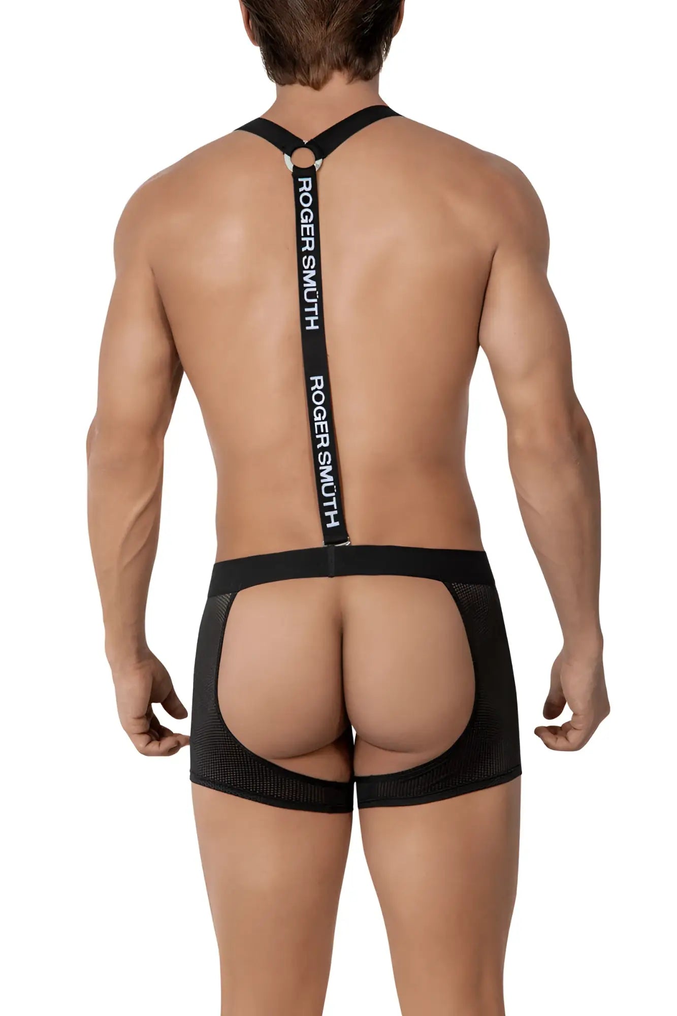 Black mesh roger smuith briefs with back strap and white logo for suspenders mesh chaps jock boxer underwear size m