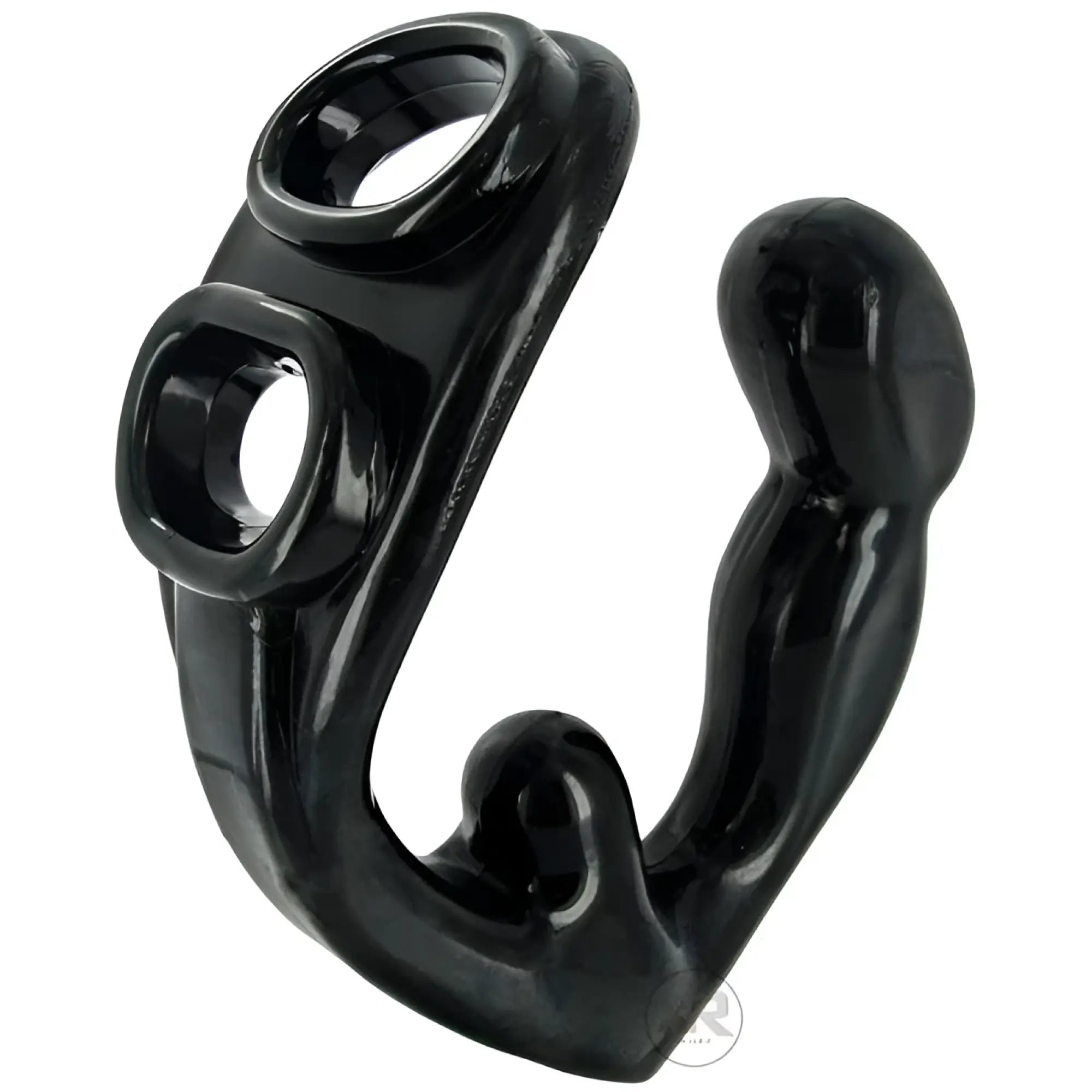 Rogue erection enhancer and prostate vibrator black glossy silicone cock ring with ergonomic curved design and two openings