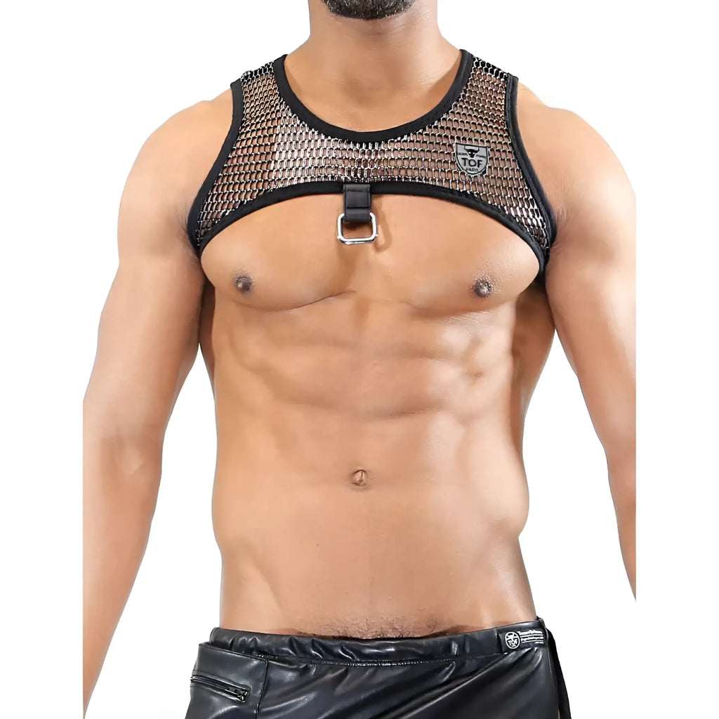 Black mesh roman harness top with silver buckle and reinforced black trim for edgy fashion looks