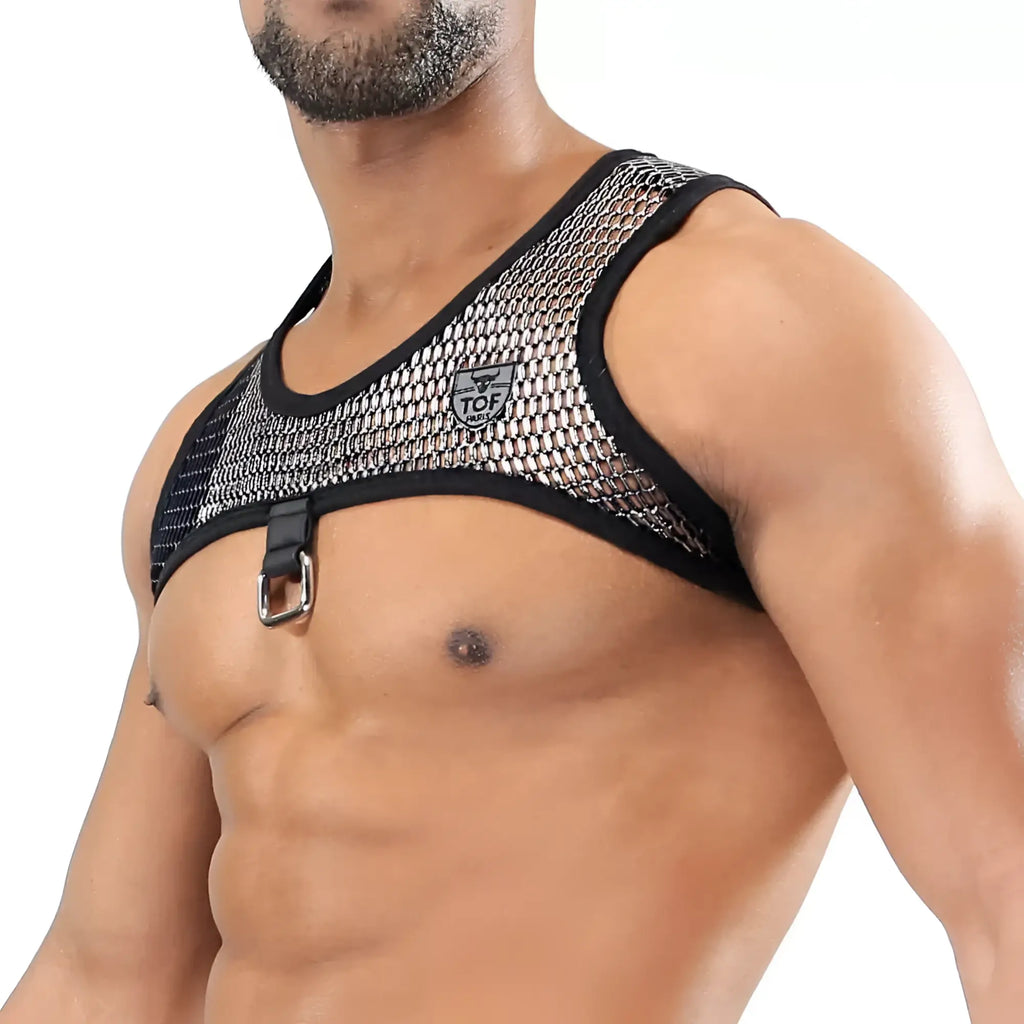 Black mesh Roman harness with silver-toned metal buckle and brand logo detailing