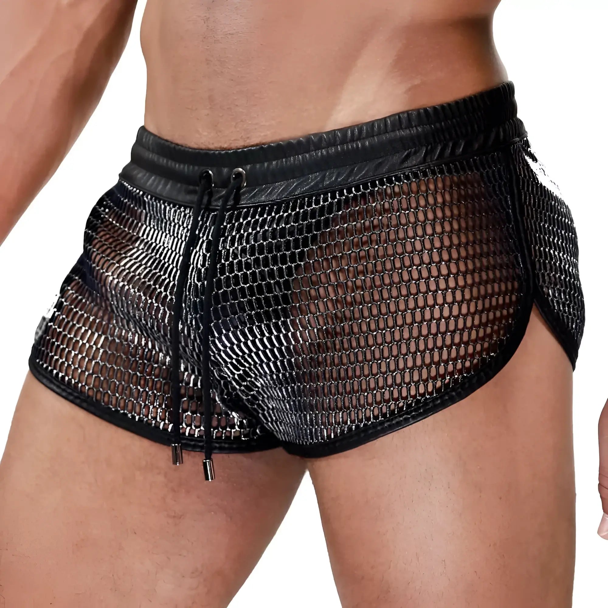 Roman shorts in black mesh with chain-link design and black leather trim for stylish casual wear