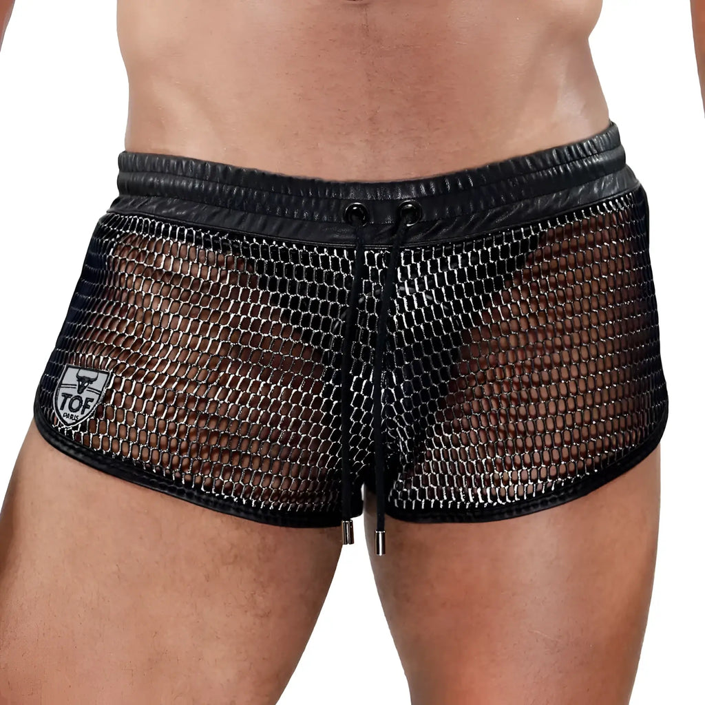 Roman shorts black mesh shorts with leather waistband drawstring and tof paris logo patch on the side