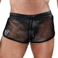 Roman shorts black mesh shorts with leather waistband drawstring and tof paris logo patch on the side