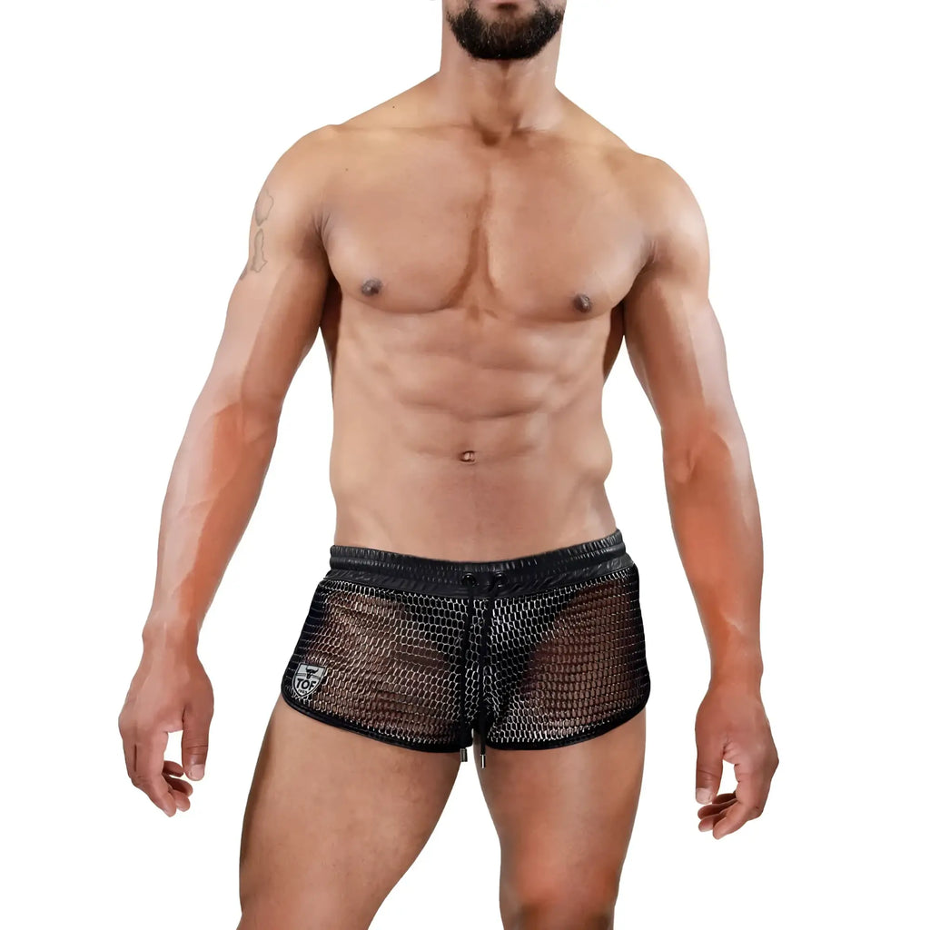 Roman shorts black mesh swim trunks with subtle textured pattern and elastic waistband