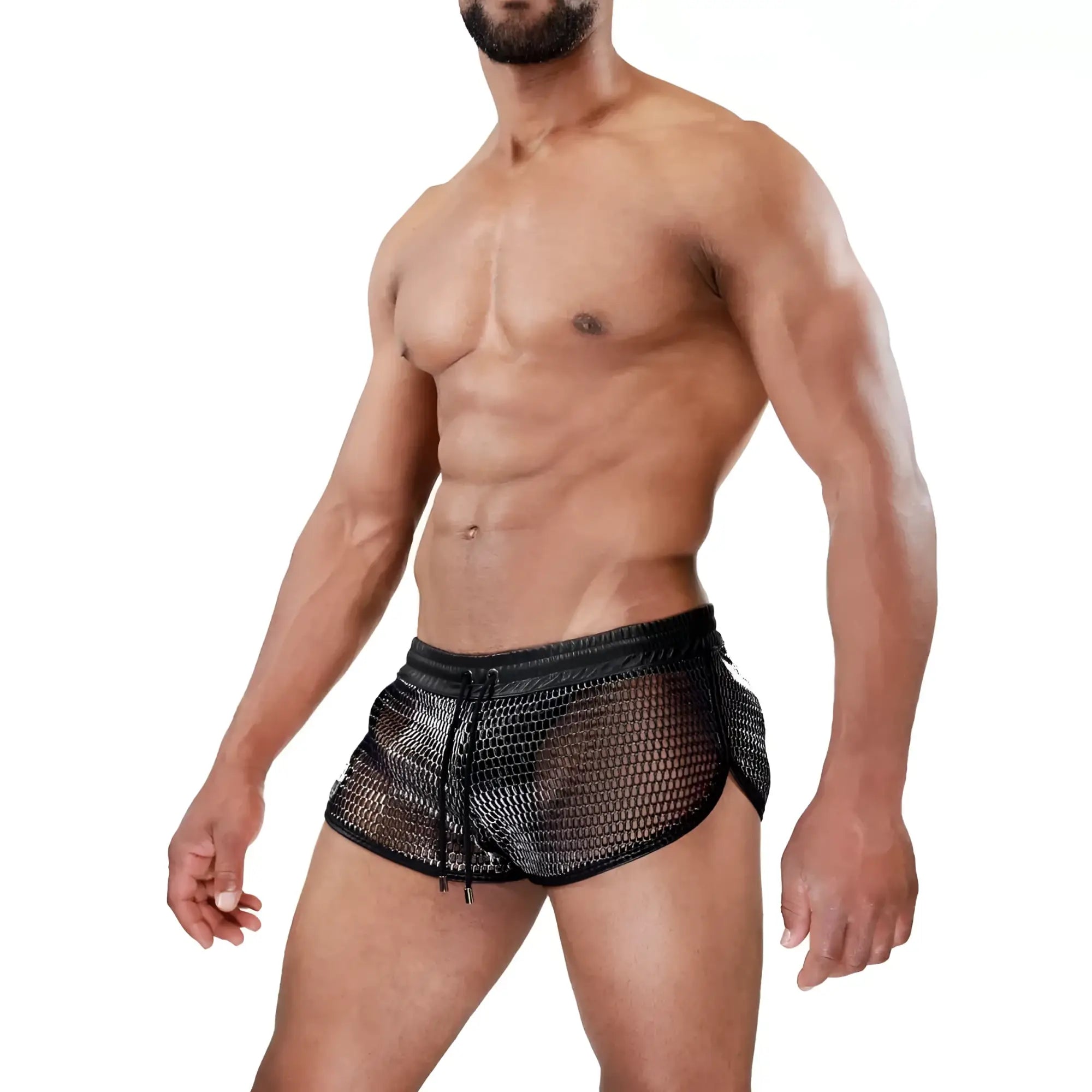 Black mesh roman shorts swim trunks with a drawstring waistband for comfortable beachwear