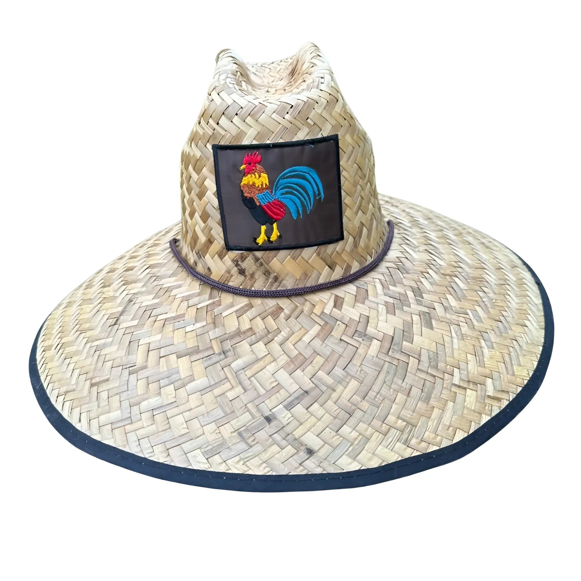 Beige woven straw lifeguard hat with wide brim navy blue trim and embroidered rooster patch on the front