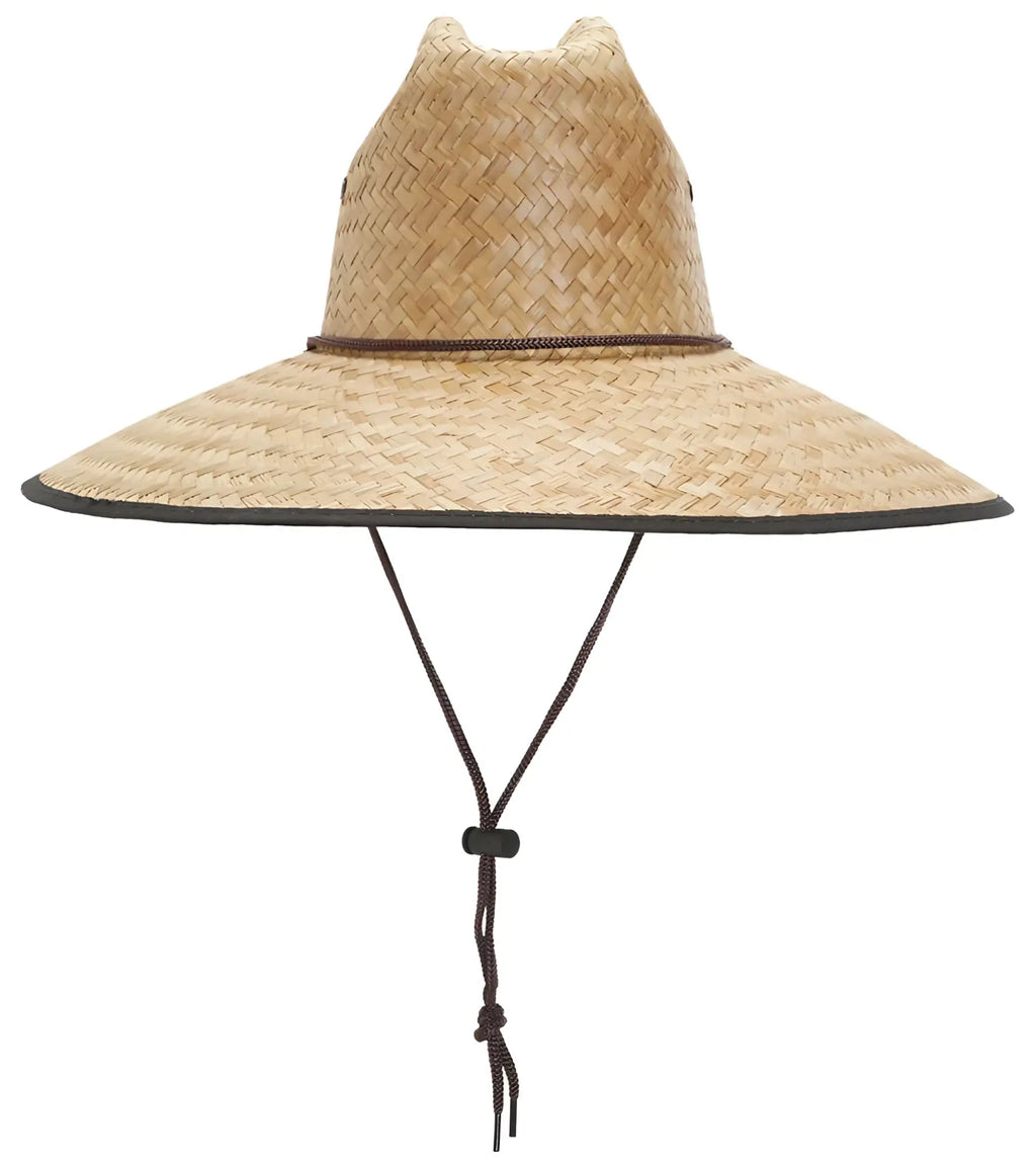 Beige woven straw lifeguard hat with wide brim and dark brown cord detailing featuring rooster patch