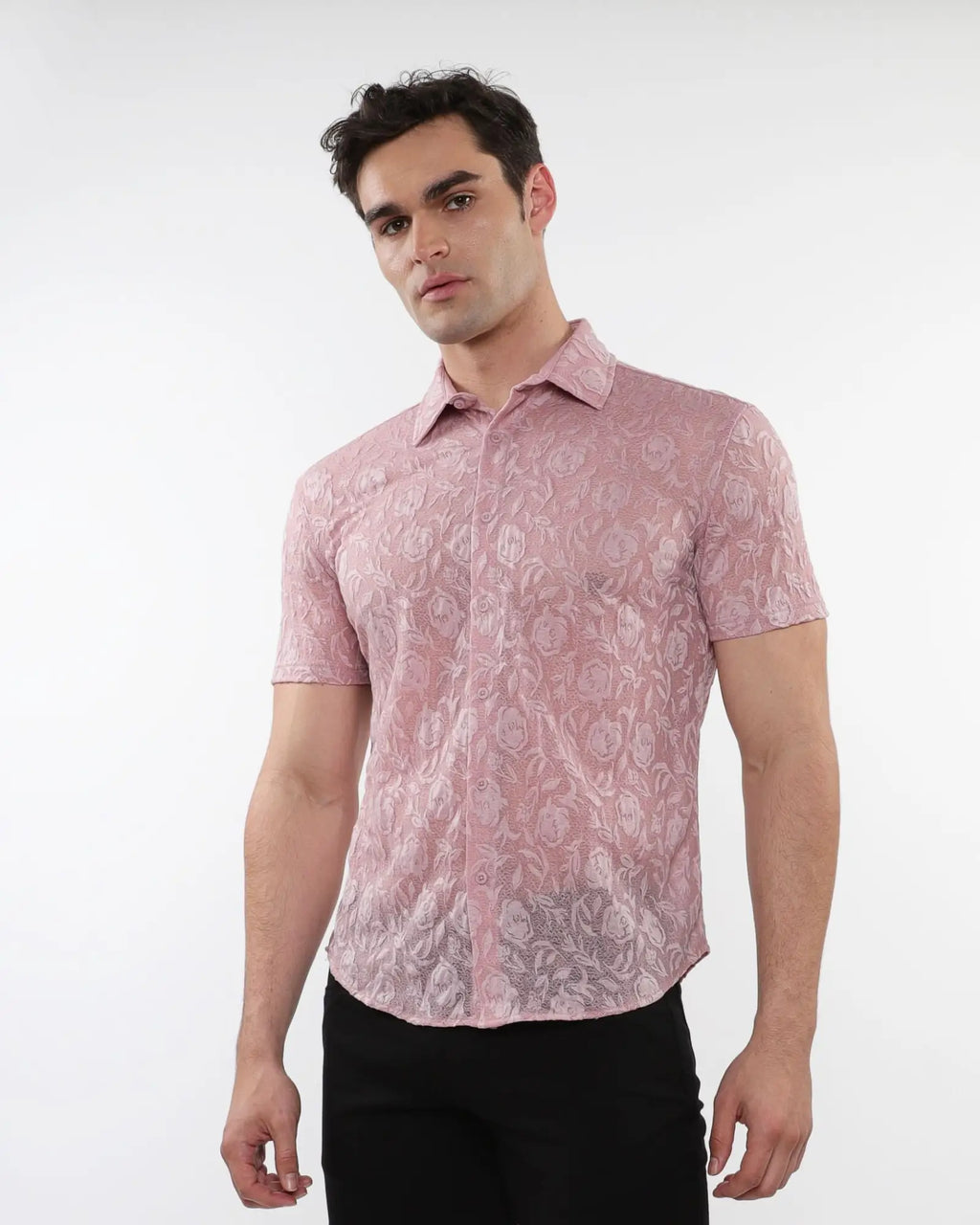 A delicate pink lace short-sleeved button-up shirt with a subtle floral pattern called roses leaves gossamer knit s s shirt