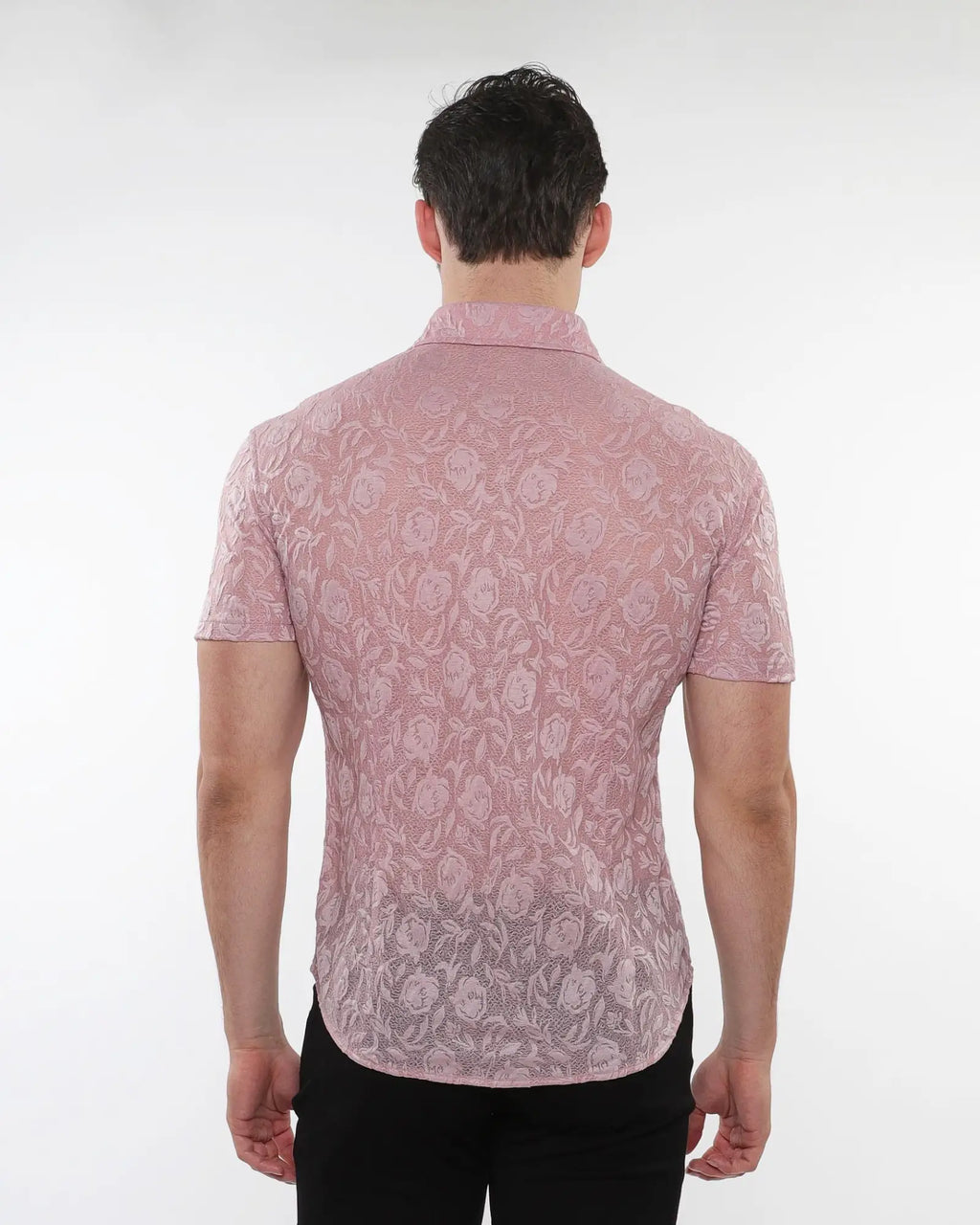 A pink short-sleeved roses leaves gossamer knit shirt with a subtle floral lace pattern