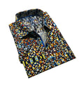 Rosie S slash S buttondown vibrant men’s dress shirt with bold yellow blue orange and black geometric overlapping squares design