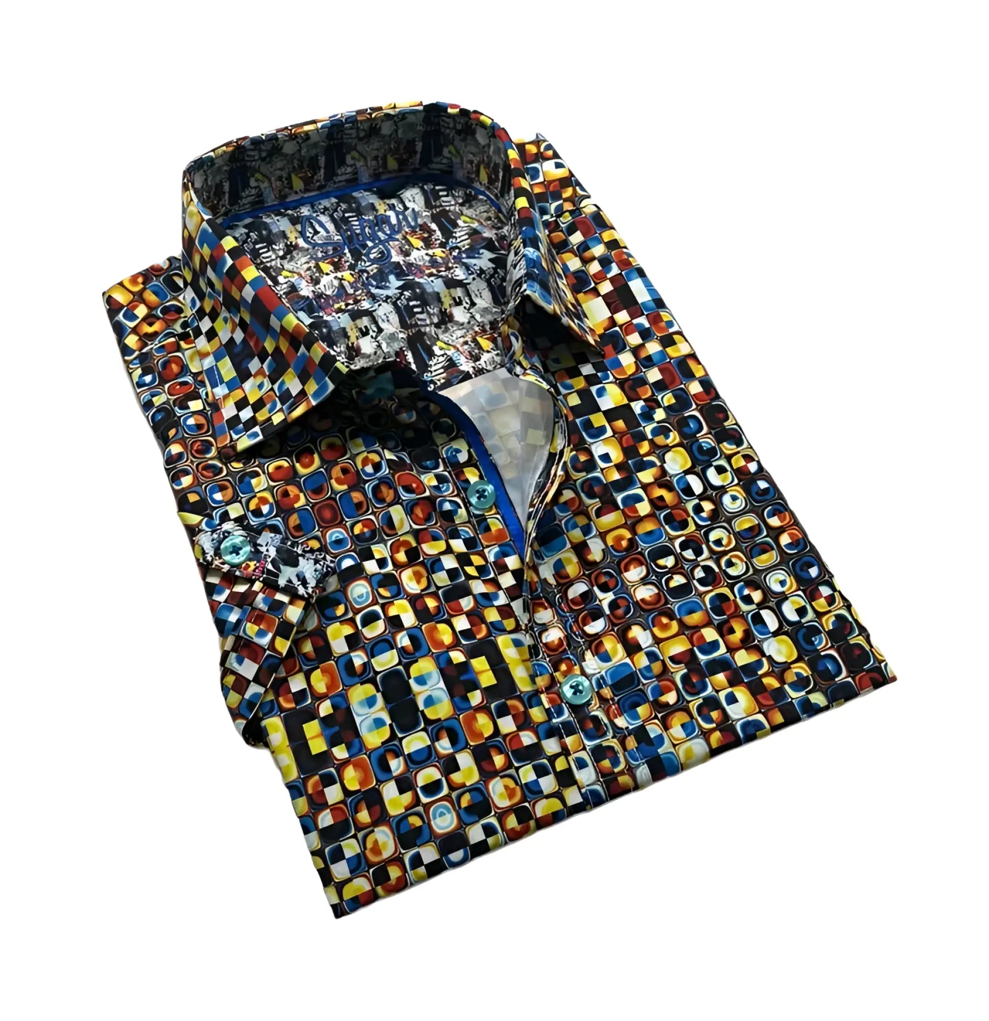 Rosie S slash S buttondown vibrant men’s dress shirt with bold yellow blue orange and black geometric overlapping squares design