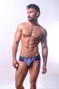 Rough house brief bright pink and teal patterned men’s briefs with black waistband and strike logo