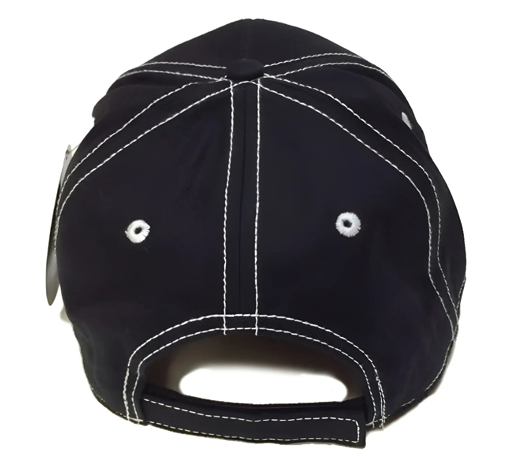 Black Rough Trade cap with white stitching and adjustable strap shown from the back side