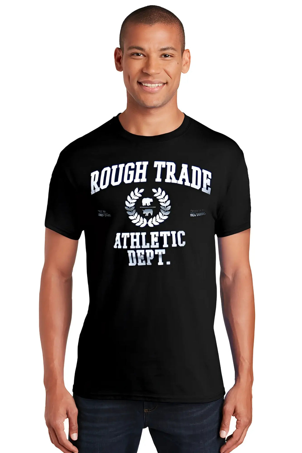 Black rough trade premium cotton t-shirt with white rough trade athletic dept graphic and laurel wreath design