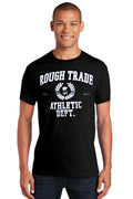 Black cotton rough trade premium cotton t-shirt with white rough trade athletic dept graphic and laurel wreath design