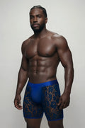 Royal blue sheer lace boxer brief with solid blue waistband showcasing delicate lace fabric and comfortable fit