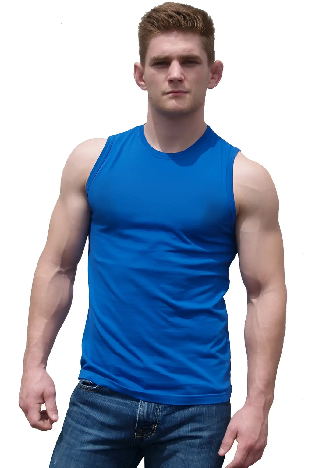 Royal blue sleeveless athletic fit tank top with crew neckline and fitted design for active wear