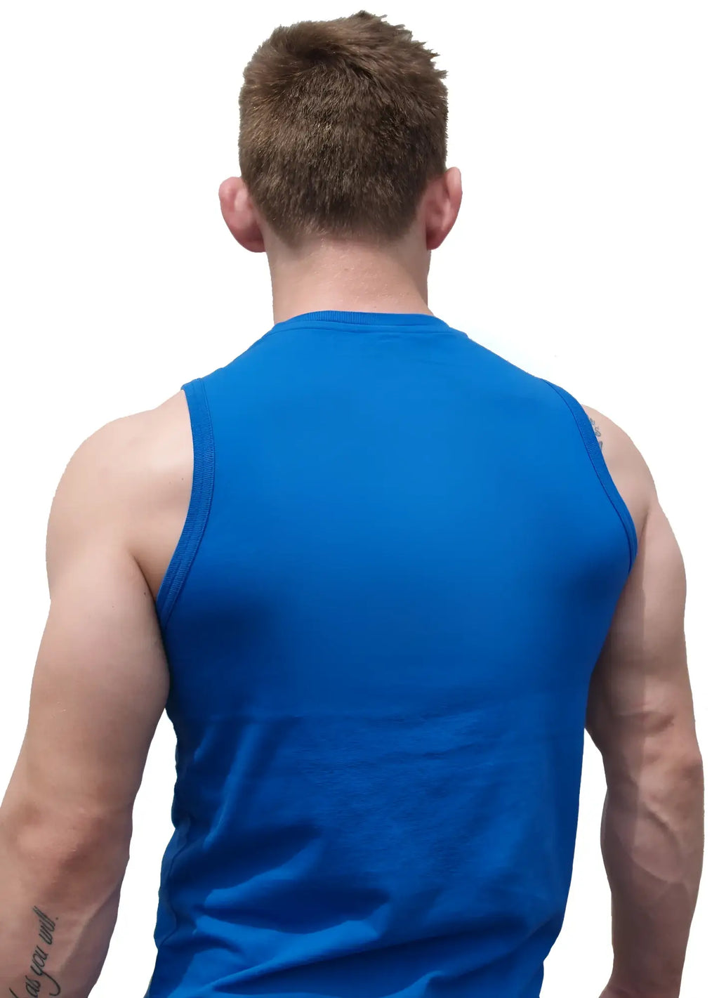 A vibrant royal blue sleeveless athletic fit tank top with smooth fitted fabric for activewear use