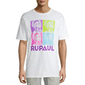 White cotton t-shirt with vibrant four-panel rupaul pop-art graphic in purple lime green pink and cyan hues