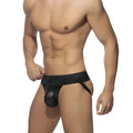 Black glossy faux leather RUB JOCK front zip briefs with supportive waistband and side straps