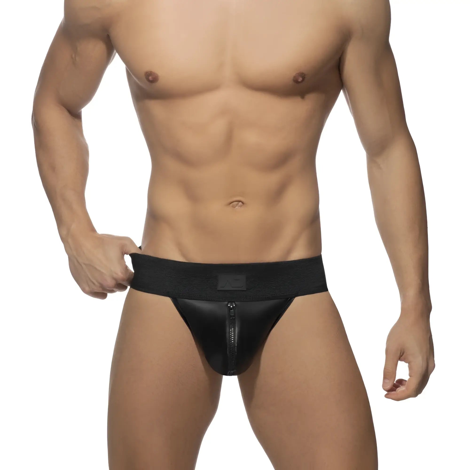 Black leather-like rub jock briefs with front zipper and elastic waistband for secure fit and edgy style