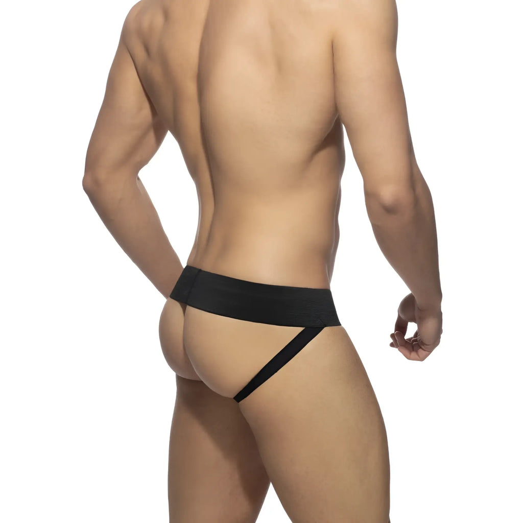 Black sleek form-fitting men’s briefs with smooth elastic waistband front zip feature rub jock design