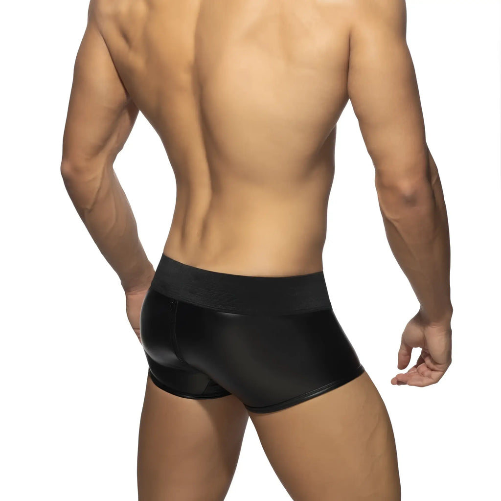 Black glossy-finish men’s briefs rub trunk front to back zip with snug fit and elastic waistband