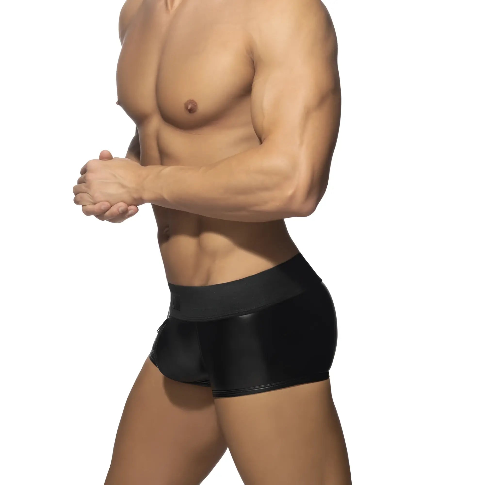 Black glossy finish briefs with front to back zip and smooth form fitting design from rub trunk
