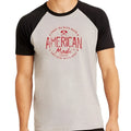 Gray and black raglan sleeve t-shirt with red distressed american made graphic from ruff riders size m
