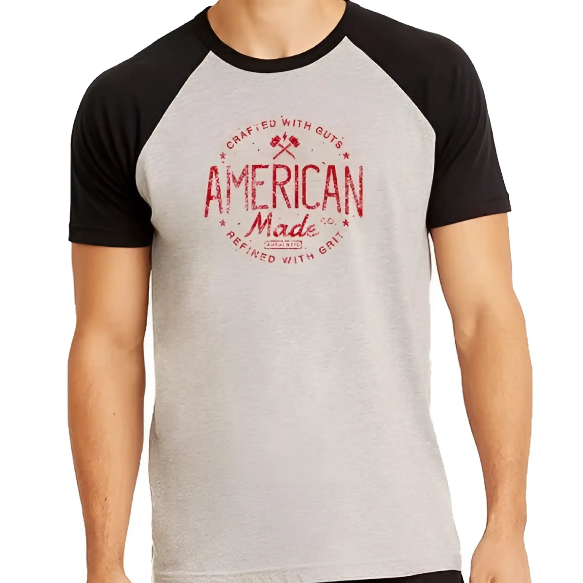 Gray and black raglan sleeve t-shirt with red distressed american made graphic from ruff riders size m