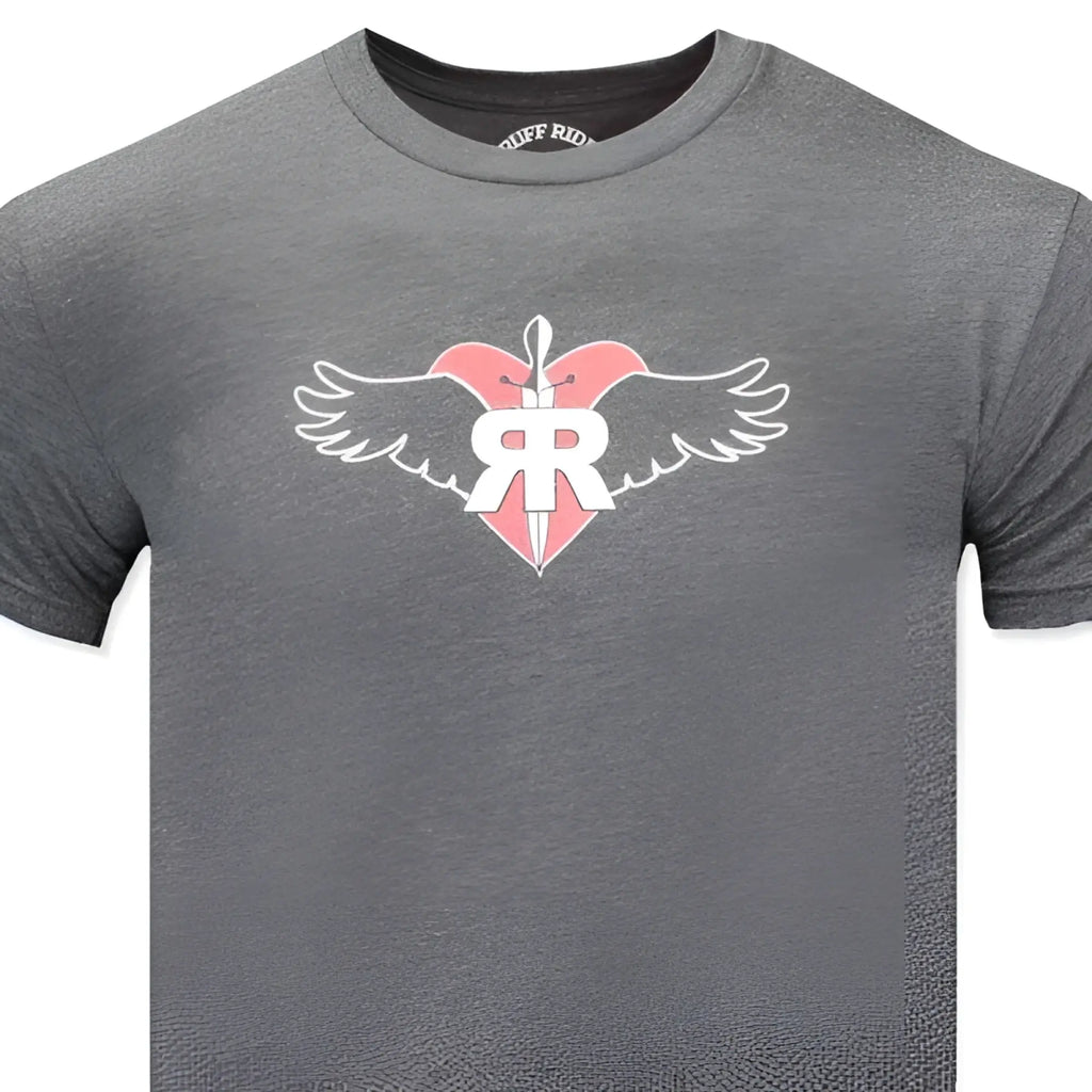 Gray heathered ruff riders commitment short sleeve t shirt with pink heart wing design and rr logo in size large