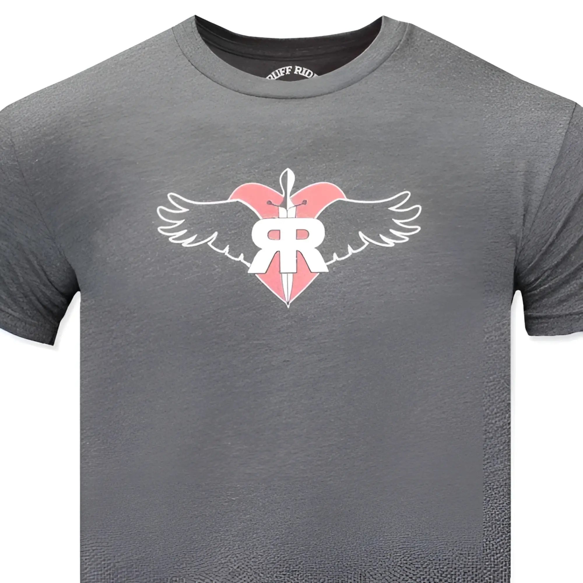 Gray heathered ruff riders commitment short sleeve t shirt with pink heart wing design and rr logo in size large