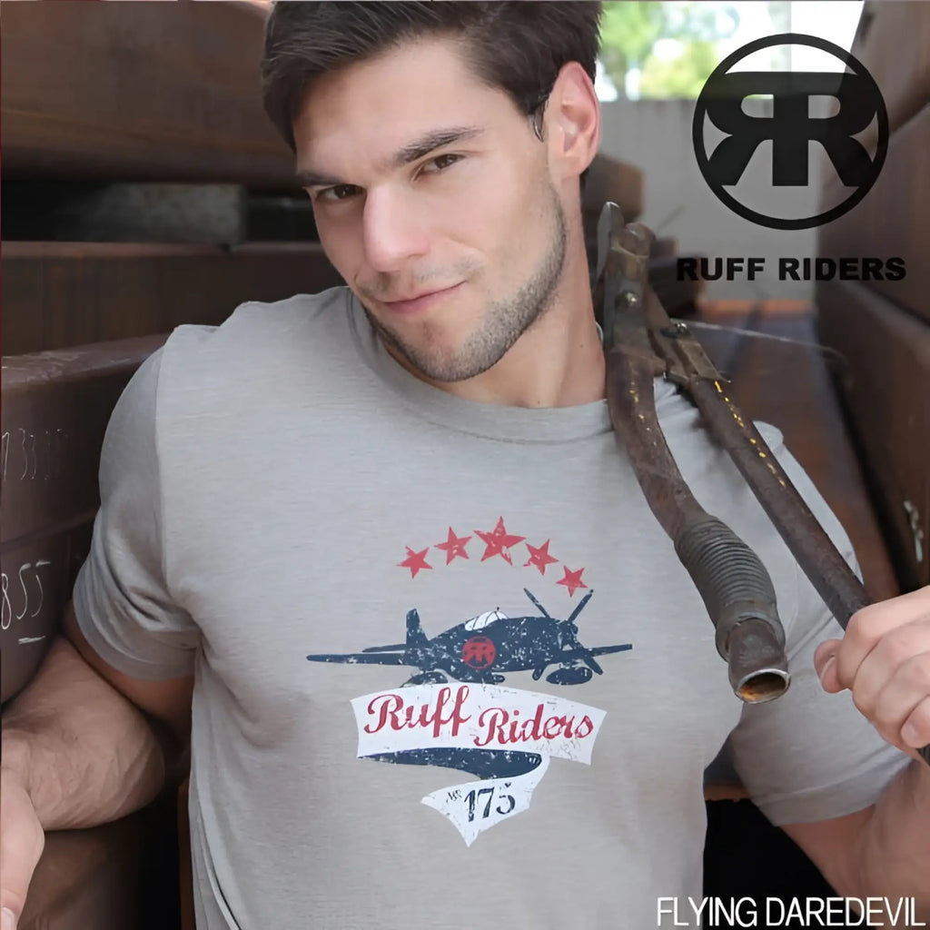 Gray ruff riders flying daredevil short sleeved t shirt ash size l with navy airplane graphic red stars and white banner text