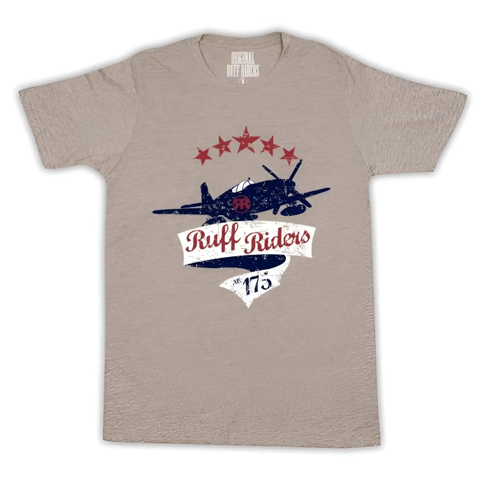 Heather gray short-sleeved t-shirt with distressed navy blue airplane graphic red stars and ruff riders white script size large