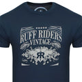 Dark blue cotton ruff riders legacy short sleeved t shirt with distressed white vintage graphic and winged emblem size m
