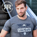 Gray heathered ruff riders legendary short sleeved t shirt with black and white winged graphic size l