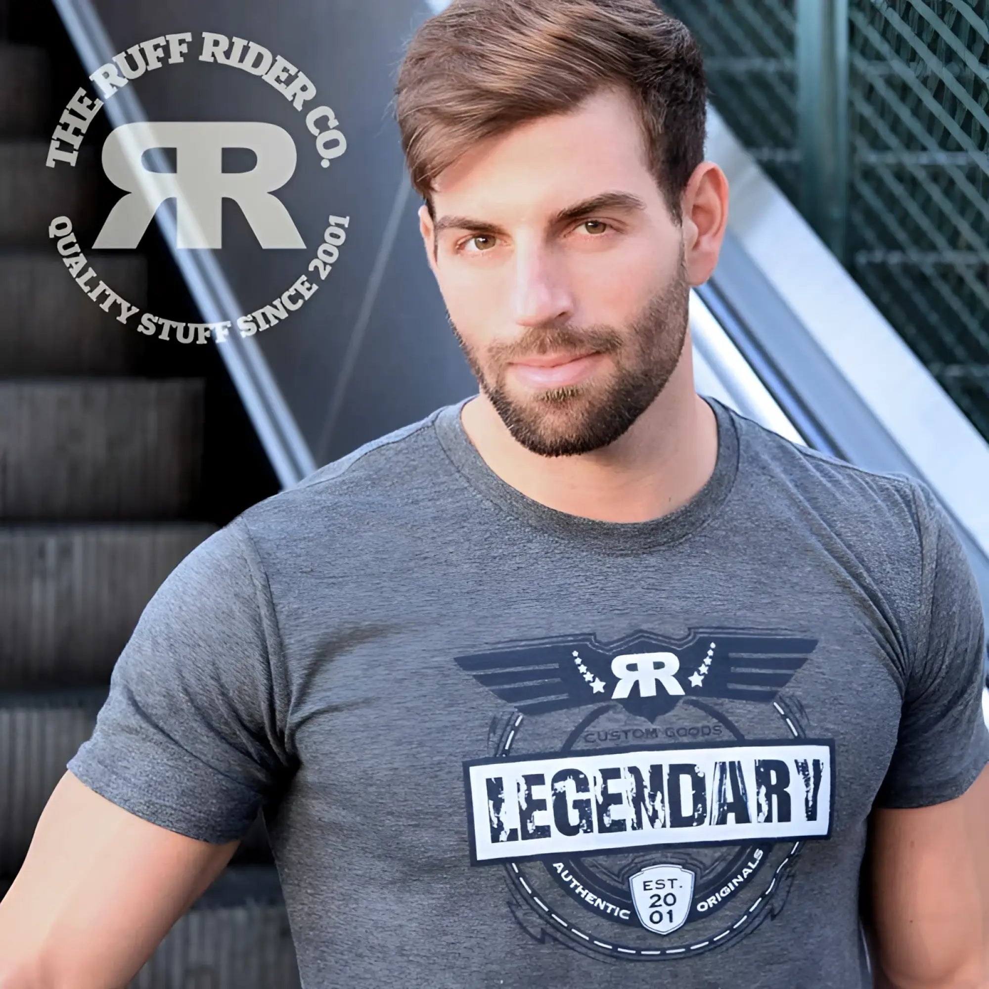 Gray heathered ruff riders legendary short sleeved t shirt with black and white winged graphic size l