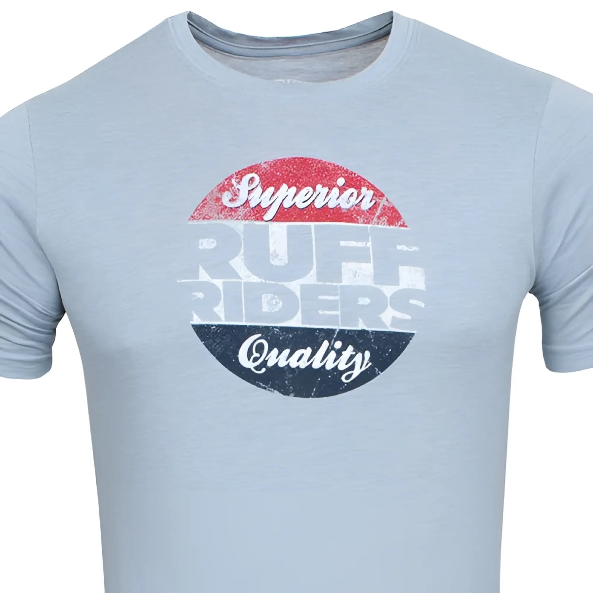 Light blue heathered cotton ruff riders superior brand short sleeved t shirt with distressed circular graphic