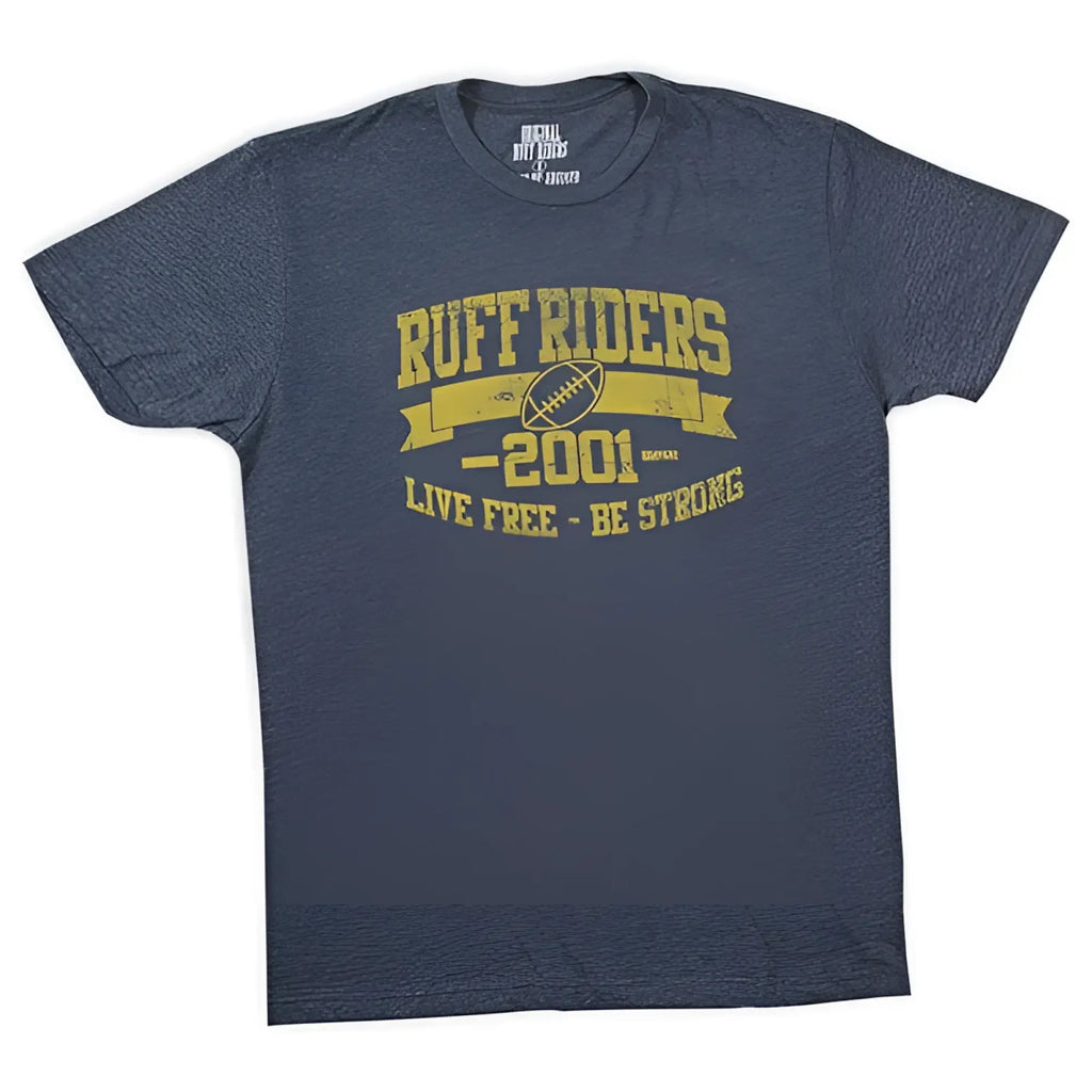Dark heather blue ruff riders touchdown short sleeved t shirt with faded yellow football graphic size l