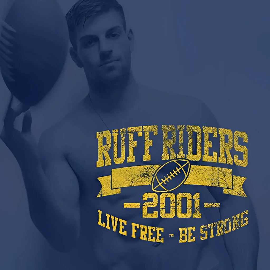 Yellow ruff riders 2001 football graphic tee with distressed lettering and banner design size large