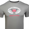 Gray short-sleeved t shirt with white winged rr logo and pink ruff riders waves of victory text size m