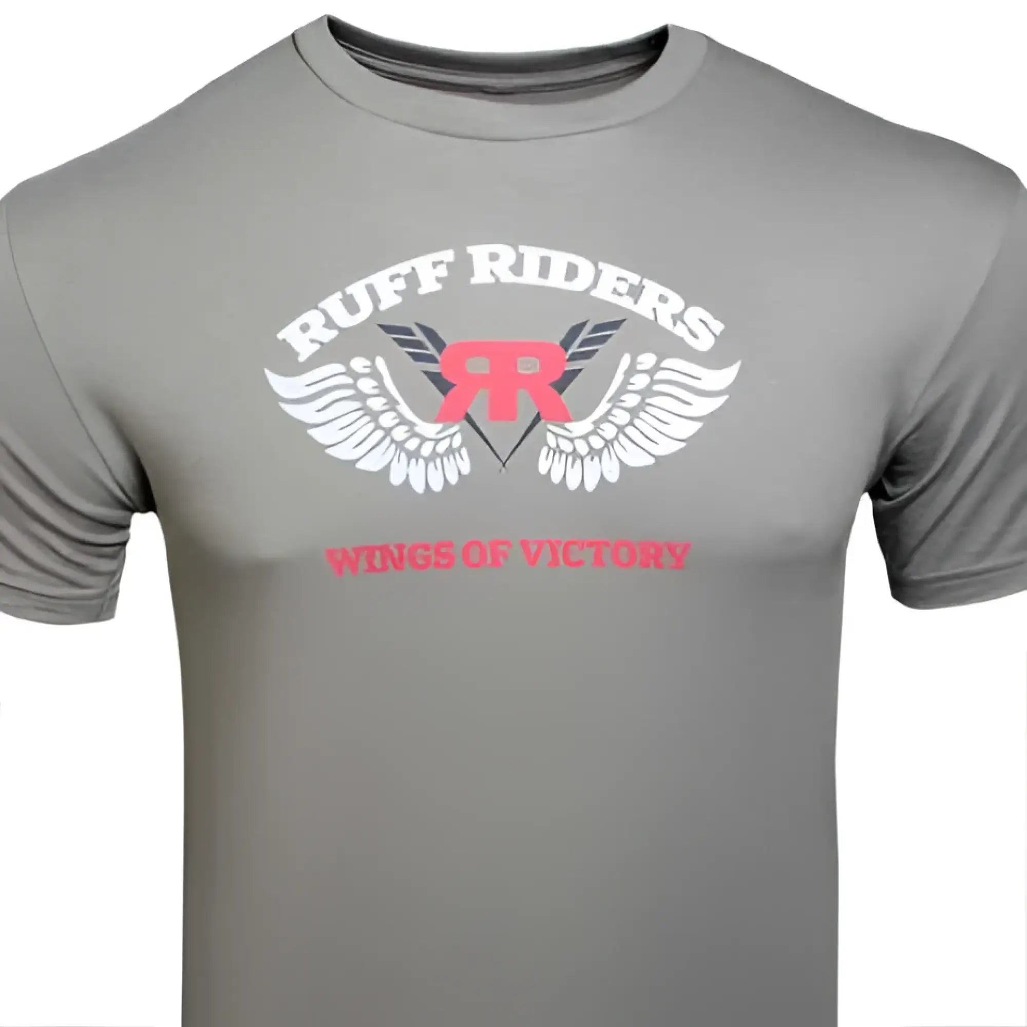 Gray short-sleeved t shirt with white winged rr logo and pink ruff riders waves of victory text size m