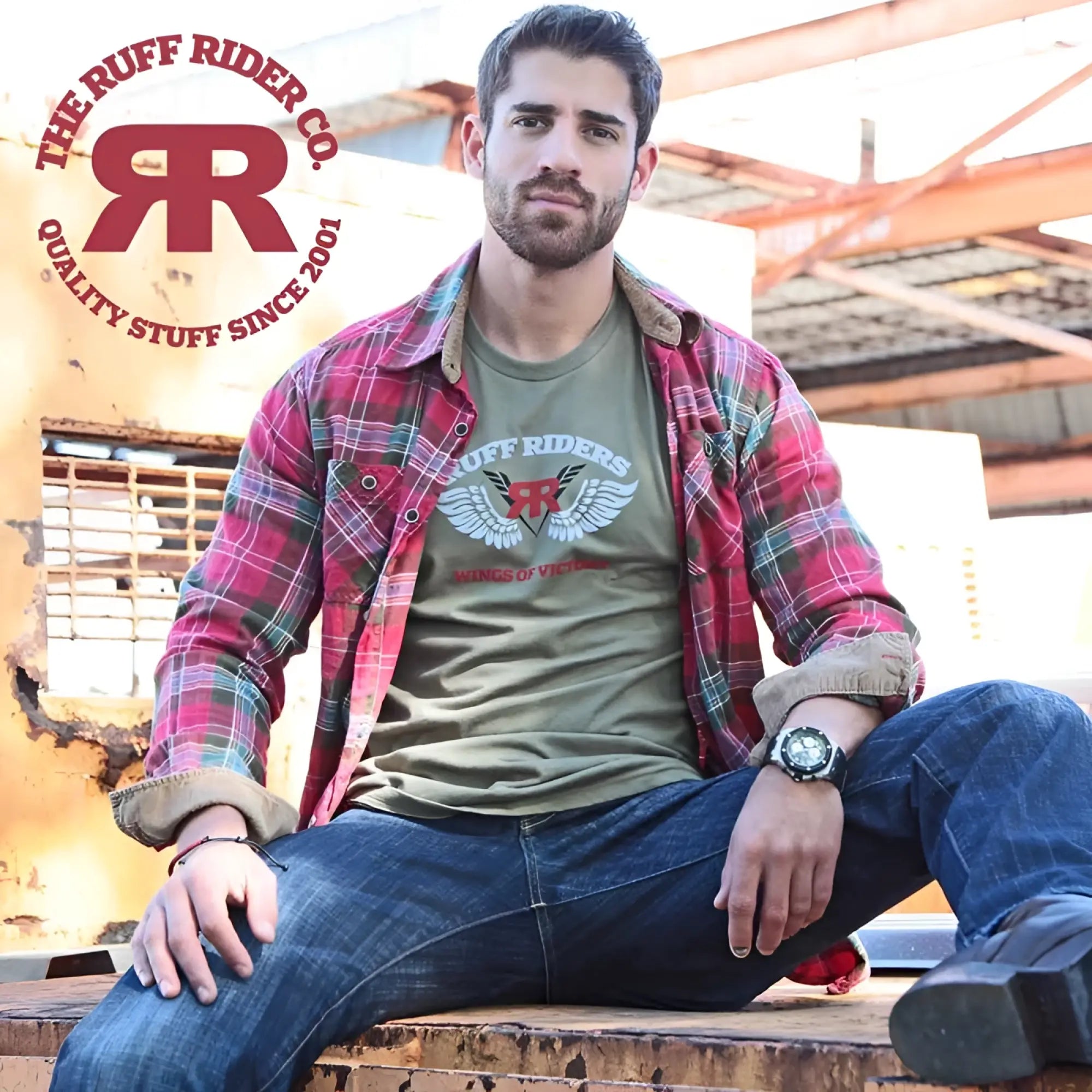 Olive green ruff riders victory short sleeved t shirt size m with white winged rr logo and red kings of victory text